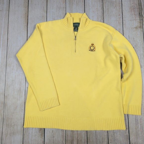 Lauren Ralph Lauren 1/4 Zip Pullover Sweater Crest Logo‎ Yellow Cotton L - Picture 5 of 7